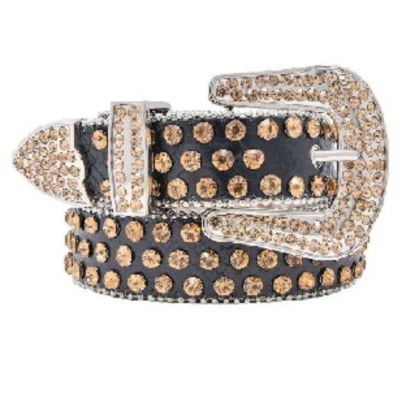 🆕 GENUINE BLACK LEATHER BELT WITH GOLD STONES - Picture 1 of 1